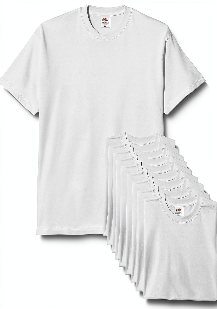 Lot de 10 t-shirts Fruit of the Loom blancs étalés sur une surface neutre