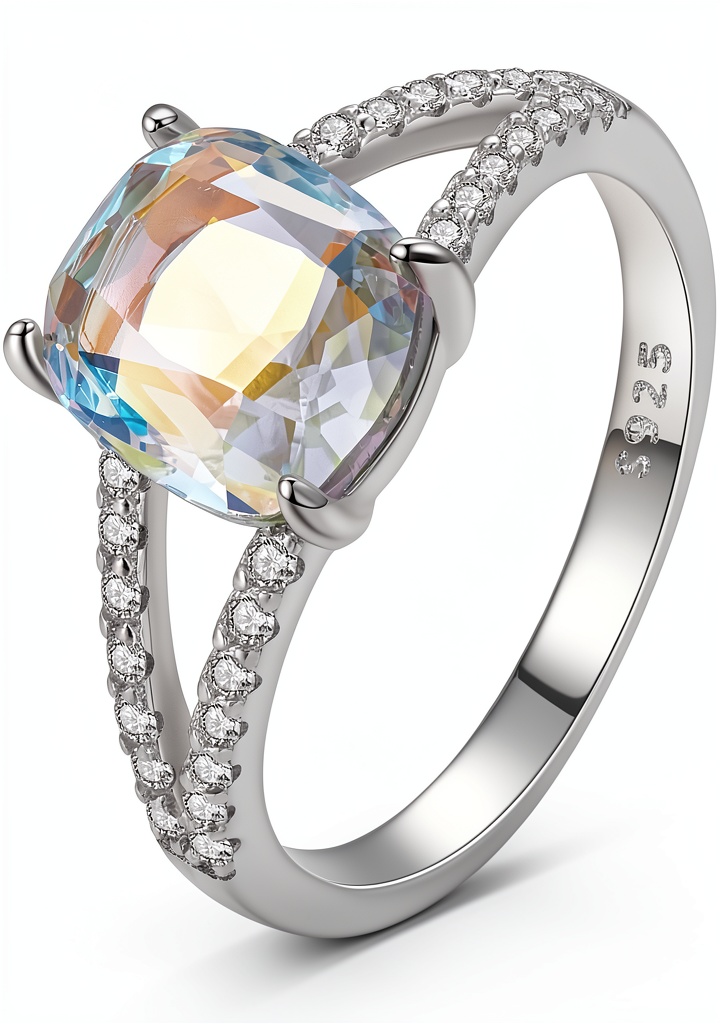 Bague pont arc en argent S925 avec zircons et verre transparent
